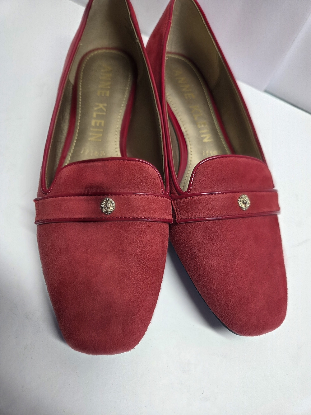 Anne Klein Red Suede Slip-On Loafers with Gold Accent